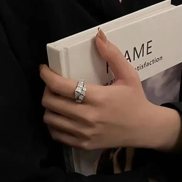 Silver Zircon Snake Bangle Bracelet Ring Set, Luxury - Picture 6 of 8